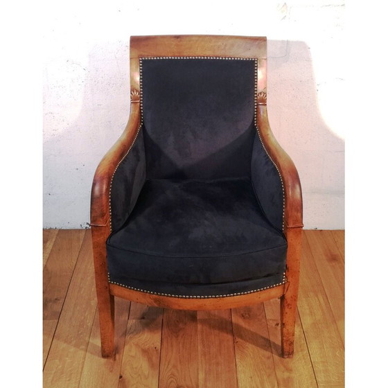 Image 1 of Vintage koningsblauwe fluwelen en bewerkte mahonie fauteuil