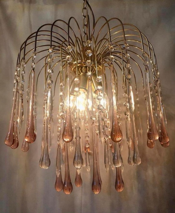 Image 1 of Vintage kroonluchter hanglamp roze pegels teardrops 