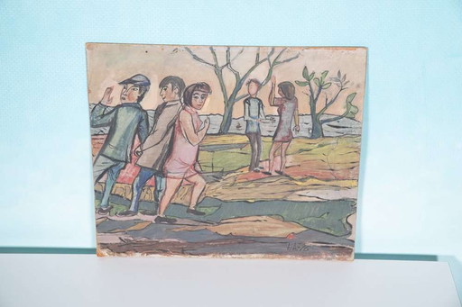 Vintage Deens schilderij jaren 70, Fahrendorf Denemarken