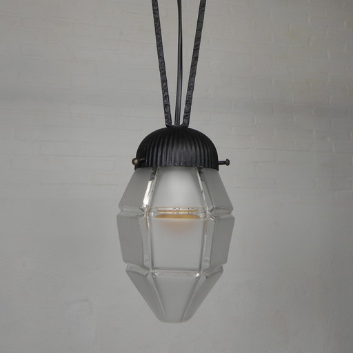 Art Deco Hanglamp Met Zeshoekige Glazen Kap, Jaren 30