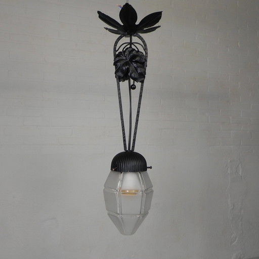 Art Deco Hanglamp Met Zeshoekige Glazen Kap, Jaren 30