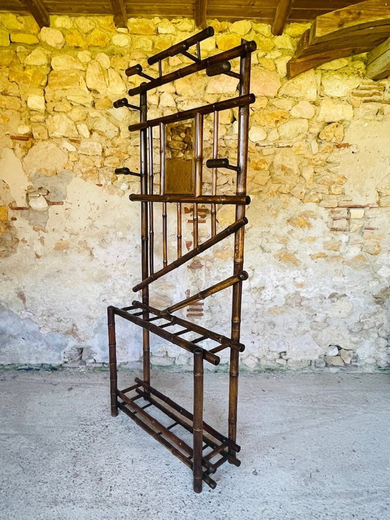 Image 1 of Vintage halstandaard van bamboe met afgeschuinde spiegel, 1920