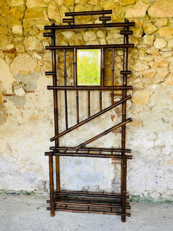 Image 1 of Vintage halstandaard van bamboe met afgeschuinde spiegel, 1920