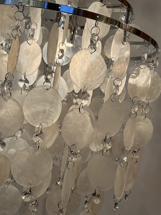 Image 1 of Vintage capiz schelpen hanglamp parelmoer opaline kroonluchter kristal 