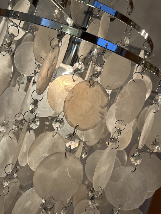 Image 1 of Vintage capiz schelpen hanglamp parelmoer opaline kroonluchter kristal 