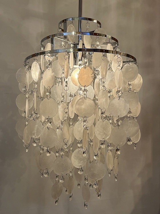 Image 1 of Vintage capiz schelpen hanglamp parelmoer opaline kroonluchter kristal 