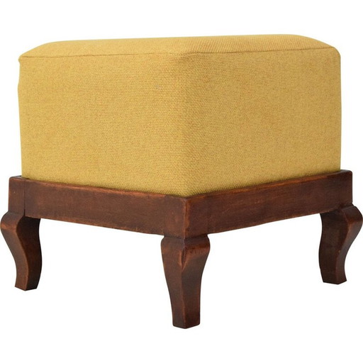 Art Deco vintage voetsteun van stof en hout, Tsjecho-Slowakije jaren 1930