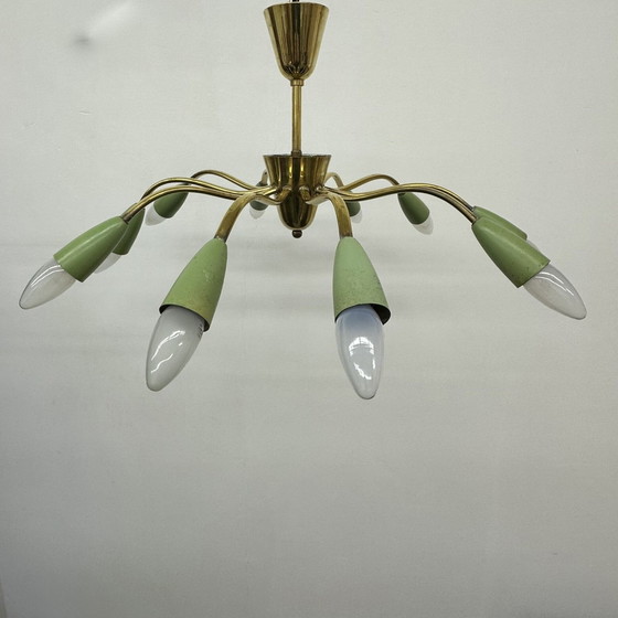 Image 1 of Mid Century Design Spider Messing Plafondlamp, 1950