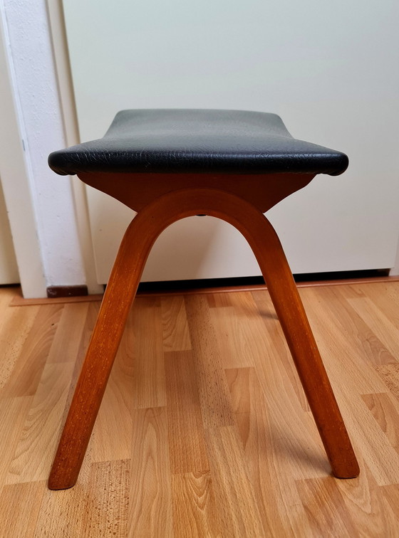 Image 1 of Scandinavische Ottoman voetenbank footstool teak met skai jaren 60