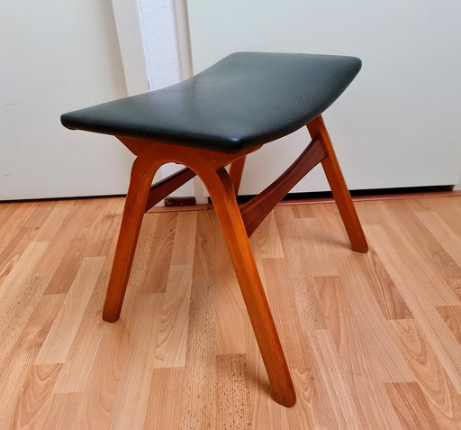 Scandinavische Ottoman voetenbank footstool teak met skai jaren 60