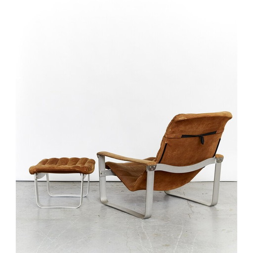 Vintage loungestoel met Pulkka voetenbank in aluminium van Ilmari Lappalainen voor Asko, Finland 1968