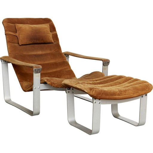 Vintage loungestoel met Pulkka voetenbank in aluminium van Ilmari Lappalainen voor Asko, Finland 1968