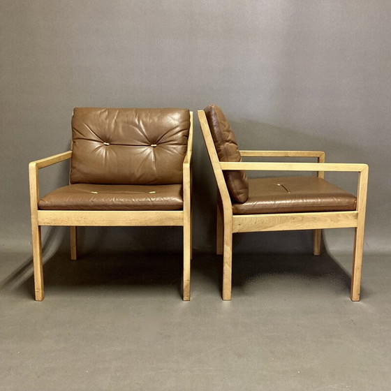 Image 1 of Paar vintage Scandinavische leren fauteuils van Bernt Petersen, 1960