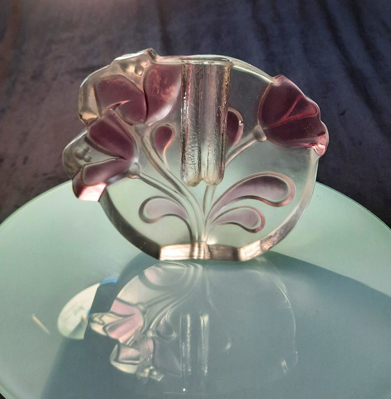 Image 1 of Vintage 1970 Kristal Vaas Solifleur Walther Glas Transparant Met Roze Bloemen