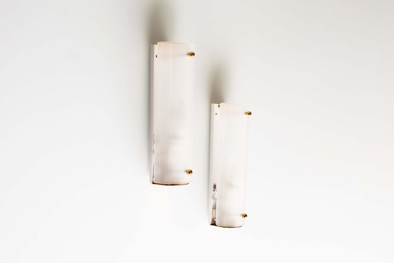 Image 1 of 2X Messing En Opaline Vintage Wandlampen