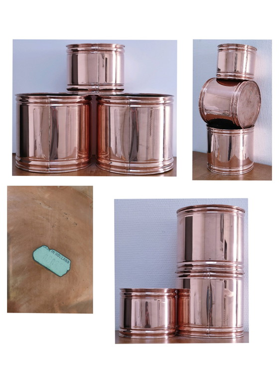 Image 1 of Drie Vintage Cilindrische Koperen Plantenbakken