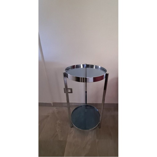 Italiaans vintage bijzettafeltje van chroom en blauw glas, jaren 1970