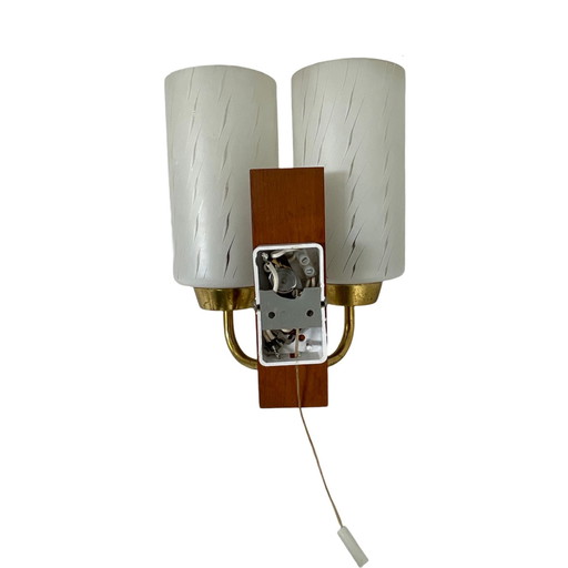 Vintage - Mcm - Wandlamp / Sconce Met Twee Lampen - Glas, Messing En Teakhout