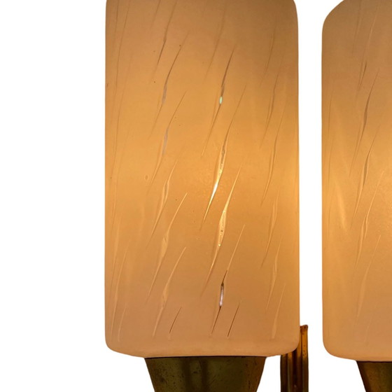 Image 1 of Vintage - Mcm - Wandlamp / Sconce Met Twee Lampen - Glas, Messing En Teakhout