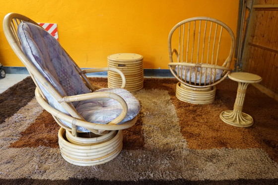 Image 1 of Italiaanse tafel en armstoel van bamboe en rotan, 1950, set van 4