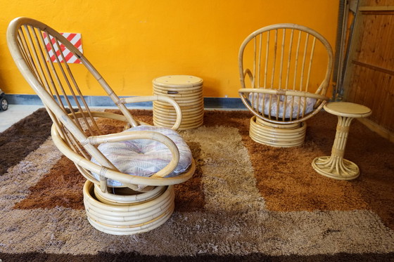 Image 1 of Italiaanse tafel en armstoel van bamboe en rotan, 1950, set van 4