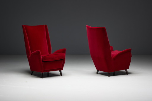 Wingback stoelen in rood fluweel van Gio Ponti, Italië, 1950S