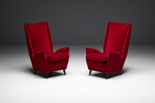 Wingback stoelen in rood fluweel van Gio Ponti, Italië, 1950S