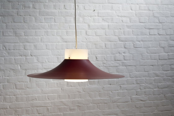 Image 1 of Deense rood metaal en opaal plastic hanglamp, 1960'S