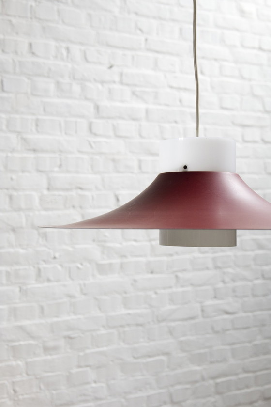 Image 1 of Deense rood metaal en opaal plastic hanglamp, 1960'S