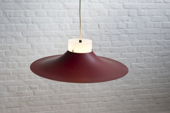 Image 1 of Deense rood metaal en opaal plastic hanglamp, 1960'S