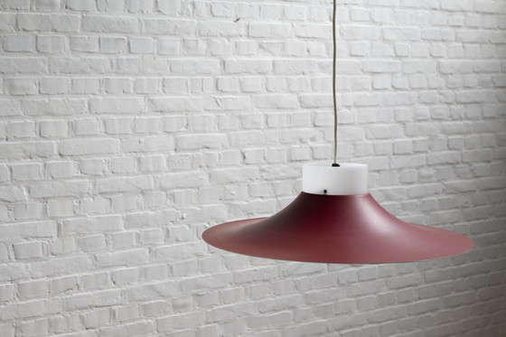 Image 1 of Deense rood metaal en opaal plastic hanglamp, 1960'S