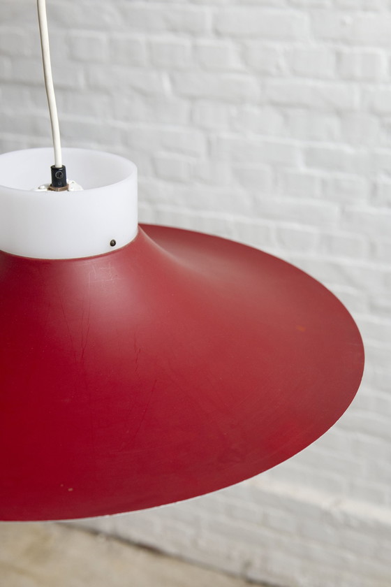 Image 1 of Deense rood metaal en opaal plastic hanglamp, 1960'S