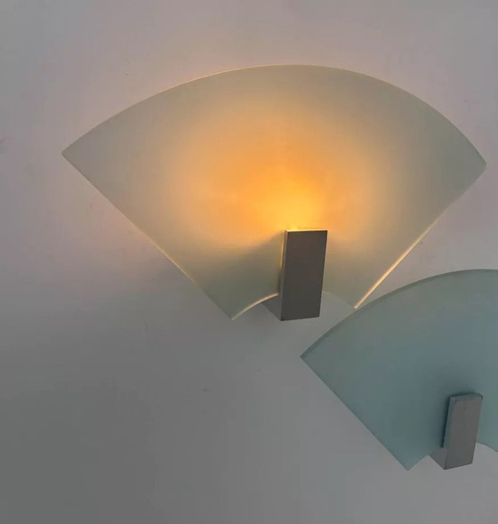 Image 1 of 2X Vintage wandlamp in gezandstraald glas, Italië 1980