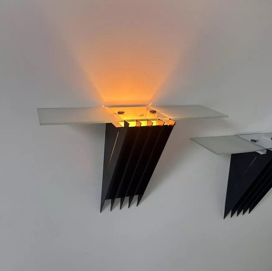 Image 1 of 2X D'Applique Vintage, Métal Laqué Noir Et Verre, Sce Frankrijk 1980