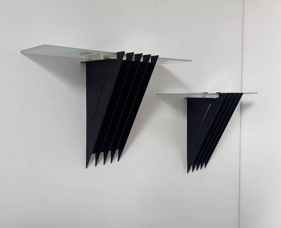 Image 1 of 2X D'Applique Vintage, Métal Laqué Noir Et Verre, Sce Frankrijk 1980