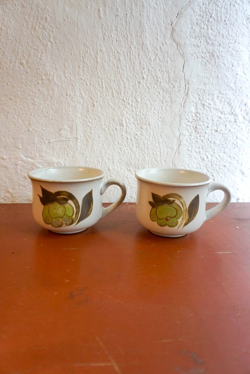 2x Vintage Denby aardewerk Troubadour mokken met groen fruitmotief saliegroen gemaakt in Engeland gemerkt "D