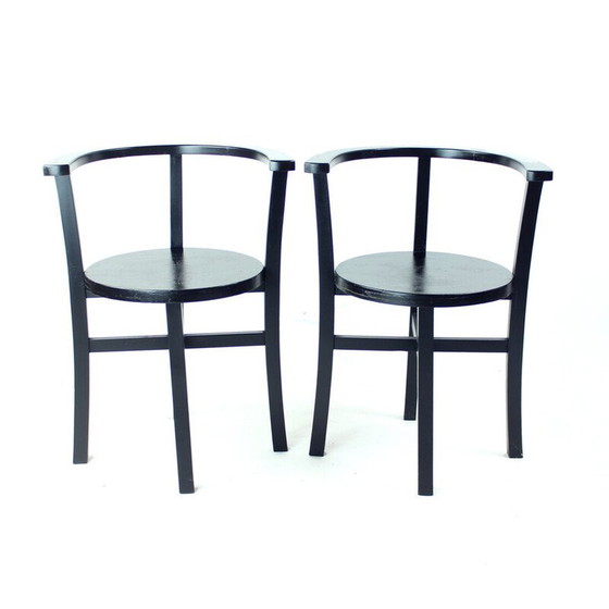 Image 1 of Set van 4 vintage zwart eiken eetkamerstoelen, Tsjecho-Slowakije 1930