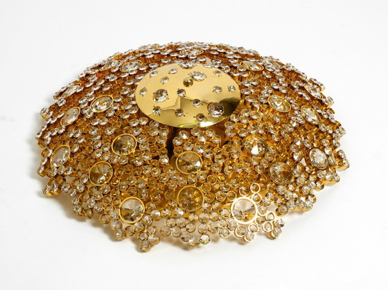 Image 1 of Prachtige grote messing Palwa plafond- of wandlamp uit 1970 met gefacetteerde kristallen stenen