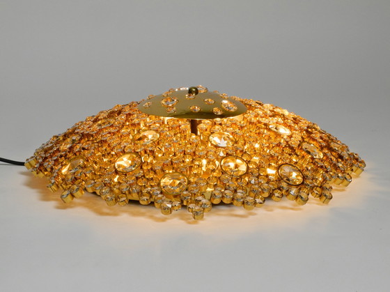 Image 1 of Prachtige grote messing Palwa plafond- of wandlamp uit 1970 met gefacetteerde kristallen stenen