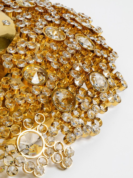 Image 1 of Prachtige grote messing Palwa plafond- of wandlamp uit 1970 met gefacetteerde kristallen stenen