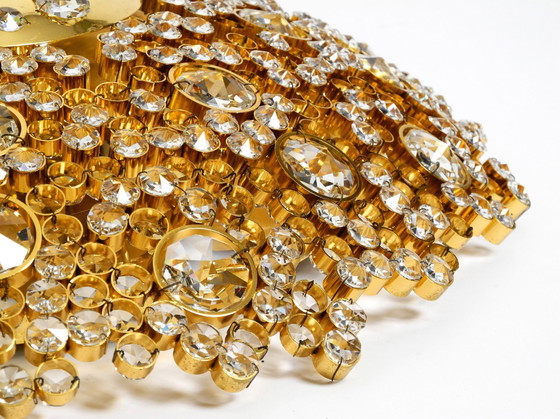 Image 1 of Prachtige grote messing Palwa plafond- of wandlamp uit 1970 met gefacetteerde kristallen stenen