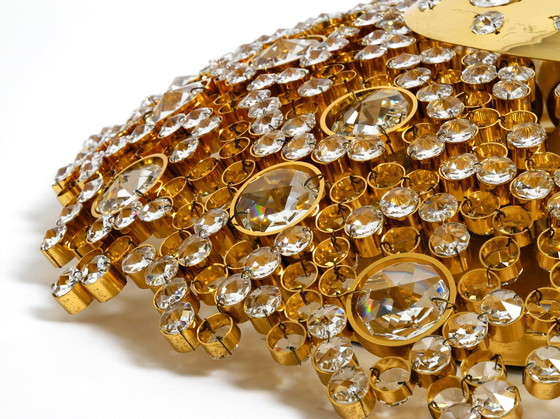 Image 1 of Prachtige grote messing Palwa plafond- of wandlamp uit 1970 met gefacetteerde kristallen stenen