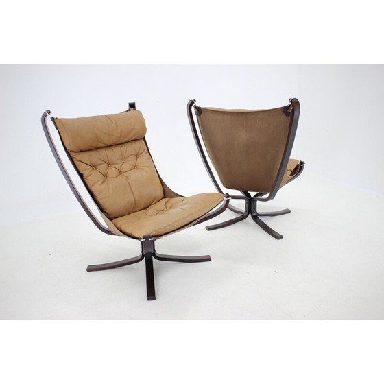 Image 1 of Paar vintage Falcon fauteuils in leer van Sigurd Ressell voor Vatne Møbler, Noorwegen 1970