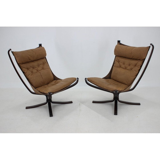 Image 1 of Paar vintage Falcon fauteuils in leer van Sigurd Ressell voor Vatne Møbler, Noorwegen 1970