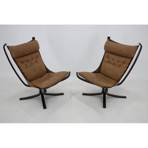 Paar vintage Falcon fauteuils in leer van Sigurd Ressell voor Vatne Møbler, Noorwegen 1970