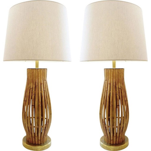 Paar grote vintage messing en bamboe tafellampen