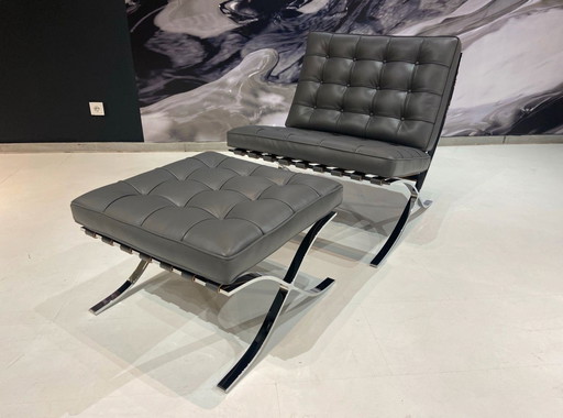 Knoll Set Barcelona Nieuw-Nooit Gebruikt Petrol Grijs Leer Ontwerp L. Mies Van Der Rohe En Lilly Reich 1929