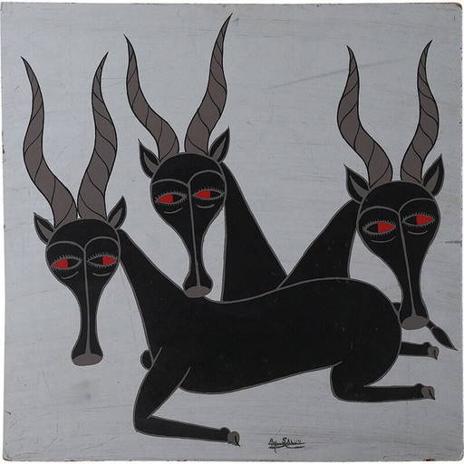 Vintage olieverfschilderij van Salum Mussa, Tanzania 1970