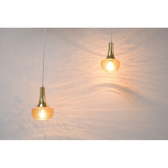 Image 1 of Paar vintage hanglampen van glas en messing, Tsjecho-Slowakije 1960