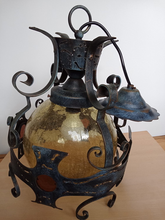 Image 1 of Brutalist Smeedijzer Craquele Geel Glas Ronde Plafondlamp/ Ook Veranda Lampplafond